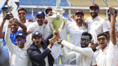 Vidarbha cricket team celebrating their Ranji Trophy 2024-25 title win in Nagpur