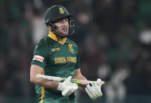 David Miller celebrates after scoring the fastest century in ICC Champions Trophy history against New Zealand in the semi-final.