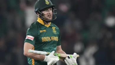 David Miller celebrates after scoring the fastest century in ICC Champions Trophy history against New Zealand in the semi-final.