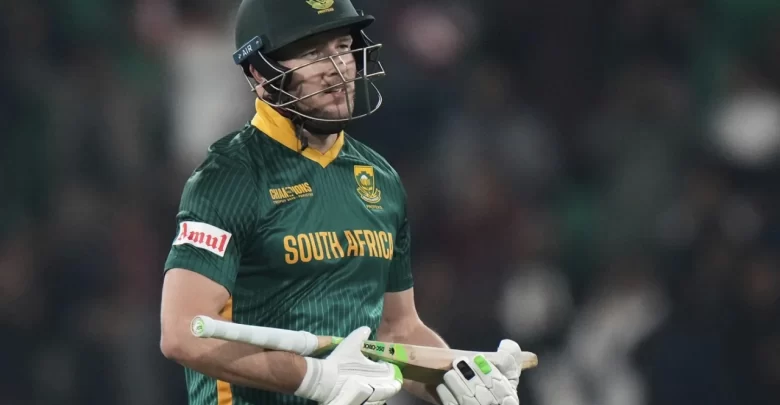 David Miller celebrates after scoring the fastest century in ICC Champions Trophy history against New Zealand in the semi-final.