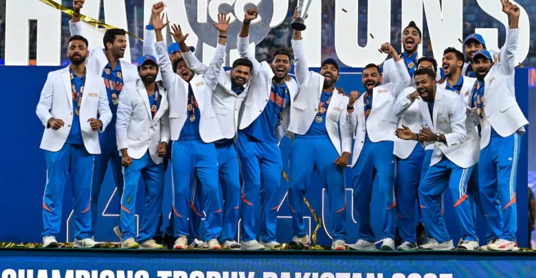 Rohit Sharma celebrates with the Champions Trophy 2025 after leading India to victory.