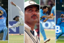 A collage of India's top 5 fielders in international cricket history, including Virat Kohli, Rahul Dravid, Sachin Tendulkar, Mohammad Azharuddin, and Rohit Sharma.