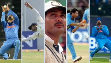 A collage of India's top 5 fielders in international cricket history, including Virat Kohli, Rahul Dravid, Sachin Tendulkar, Mohammad Azharuddin, and Rohit Sharma.