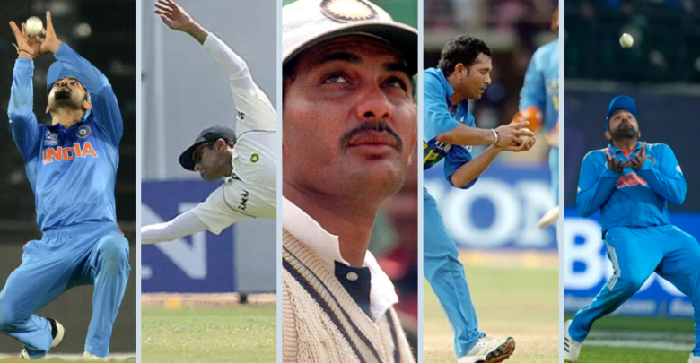 A collage of India's top 5 fielders in international cricket history, including Virat Kohli, Rahul Dravid, Sachin Tendulkar, Mohammad Azharuddin, and Rohit Sharma.