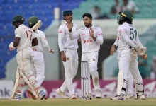 Mehidy Hasan celebrates his century and five-wicket haul against Zimbabwe