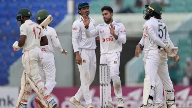 Mehidy Hasan celebrates his century and five-wicket haul against Zimbabwe