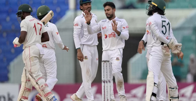 Mehidy Hasan celebrates his century and five-wicket haul against Zimbabwe