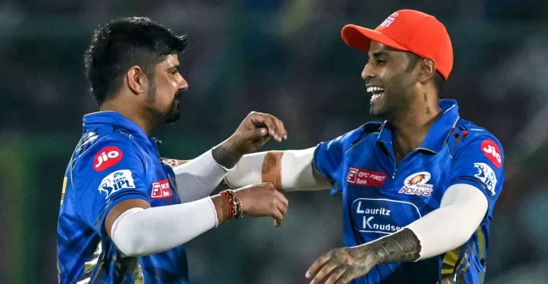 Mumbai Indians players celebrate a massive win over Rajasthan Royals in IPL 2025