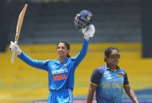 Smriti Mandhana celebrates her 11th ODI century during the tri-series final against Sri Lanka