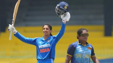 Smriti Mandhana celebrates her 11th ODI century during the tri-series final against Sri Lanka