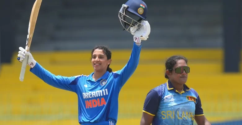 Smriti Mandhana celebrates her 11th ODI century during the tri-series final against Sri Lanka