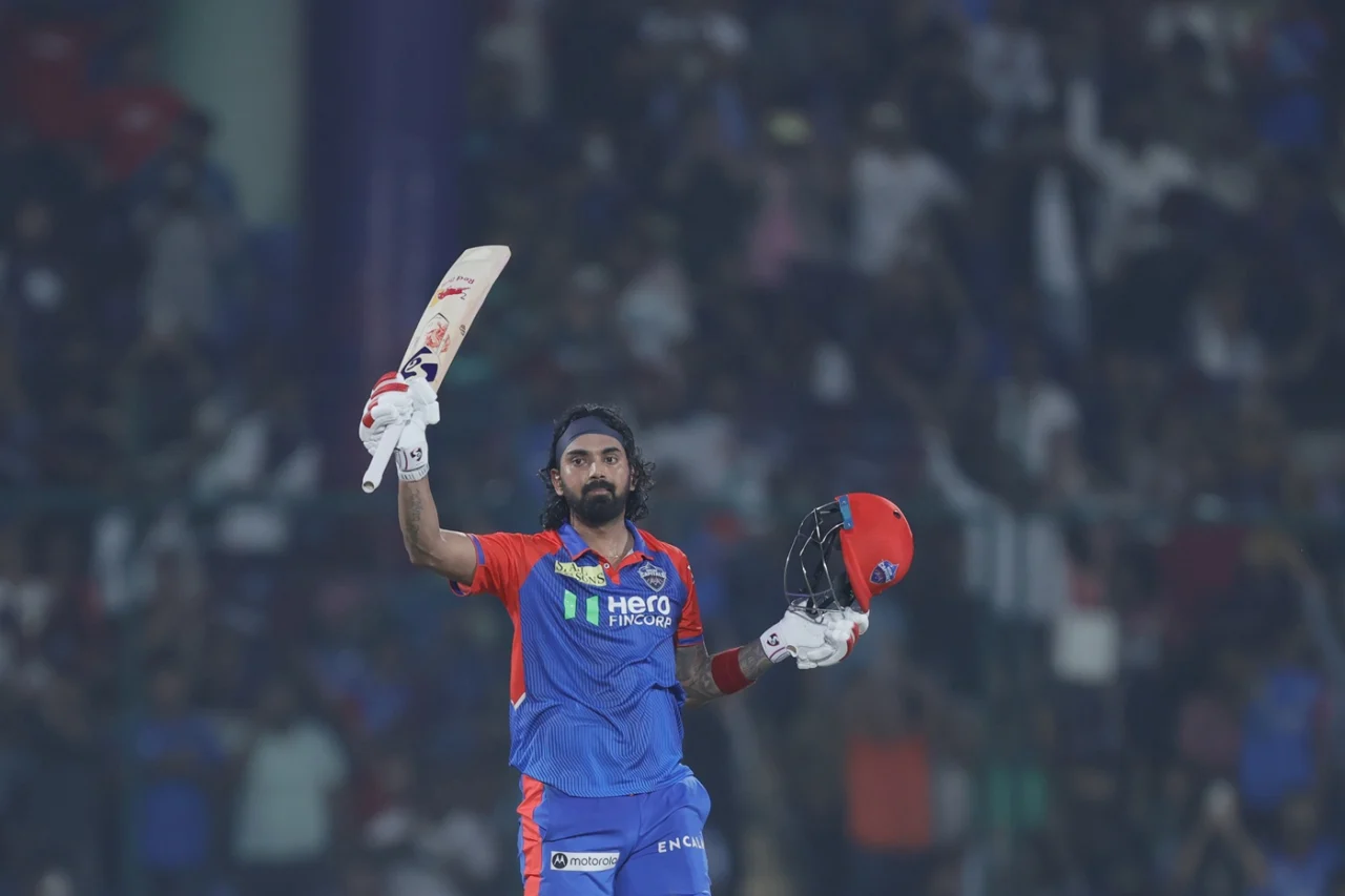 KL Rahul celebrates his unbeaten century against Gujarat Titans in IPL 2025