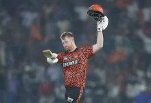 Heinrich Klaasen celebrates after scoring a 37-ball century against KKR in IPL 2025