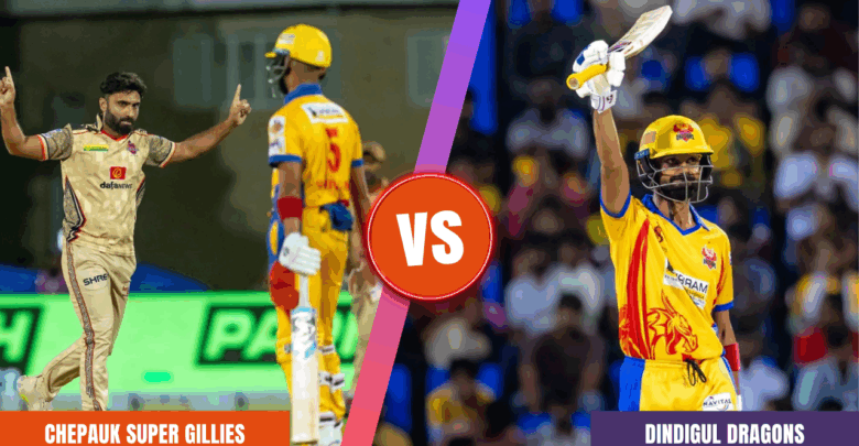 TNPL 2025 Match 14 action between Dindigul Dragons and Chepauk Super Gillies at SCF Cricket Ground