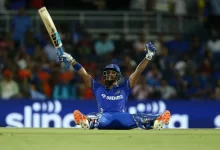 Nicholas Pooran celebrates scoring 137* in MLC 2023 final for MI New York