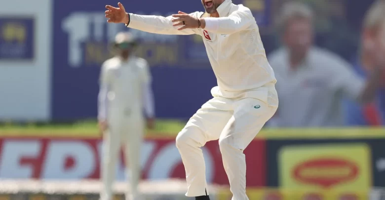 Nathan Lyon celebrates a wicket during a Test match for Australia
