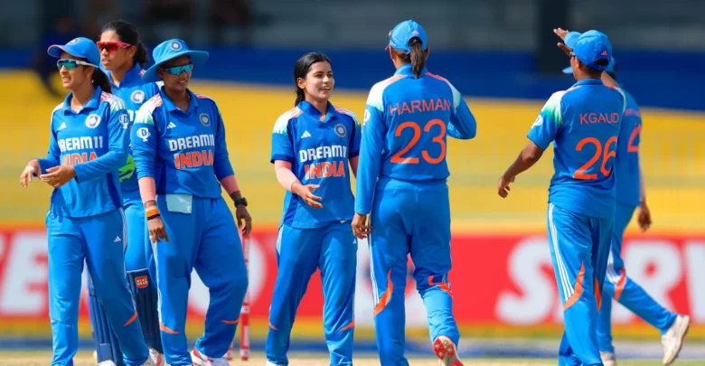 India Women’s Cricket Team celebrates during the opening match at Bengaluru in the 2025 World Cup