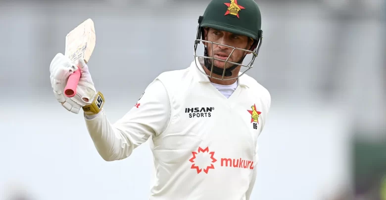 sean williams raises bat after scoring century against south africa in bulawayo test