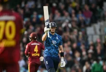 Jamie Smith celebrates after smashing 64 off 28 balls in the 3rd ODI against West Indies