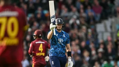Jamie Smith celebrates after smashing 64 off 28 balls in the 3rd ODI against West Indies