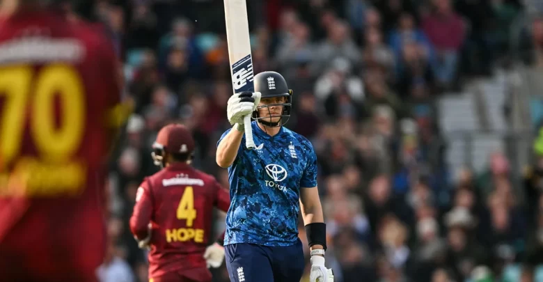 Jamie Smith celebrates after smashing 64 off 28 balls in the 3rd ODI against West Indies