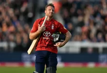 Jos Buttler celebrates after scoring 96 runs in the T20I series opener against West Indies in Durham