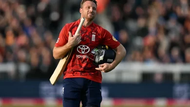 Jos Buttler celebrates after scoring 96 runs in the T20I series opener against West Indies in Durham