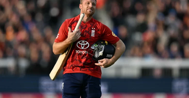 Jos Buttler celebrates after scoring 96 runs in the T20I series opener against West Indies in Durham