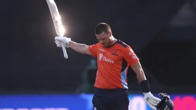 Finn Allen celebrates record-breaking century for San Francisco Unicorns against Washington Freedom in MLC 2025