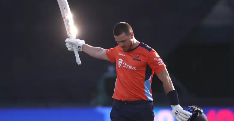 Finn Allen celebrates record-breaking century for San Francisco Unicorns against Washington Freedom in MLC 2025