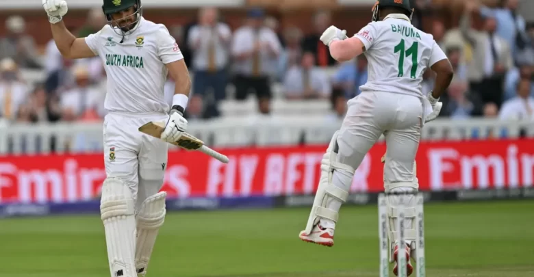 Aiden Markram and Temba Bavuma celebrate their unbeaten partnership during the WTC Final 2025 at Lord’s