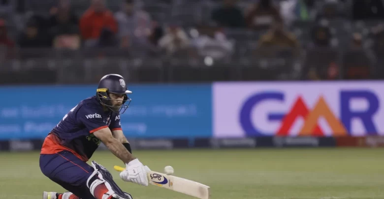 glenn maxwell celebrates his century against la knight riders in mlc 2025