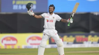 najmul hossain shanto celebrates century against sri lanka in galle test 2025