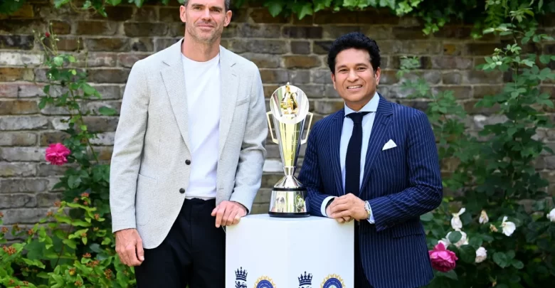 sachin tendulkar and james anderson unveil the anderson-tendulkar trophy ahead of india england test