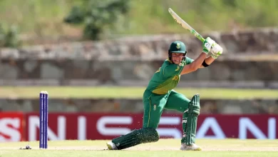 Dewald Brevis celebrates after breaking Shikhar Dhawan's U-19 World Cup record in 2022.