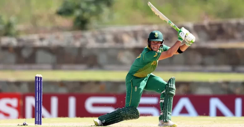 Dewald Brevis celebrates after breaking Shikhar Dhawan's U-19 World Cup record in 2022.