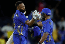 nicholas pooran and kieron pollard celebrate mi new york win in mlc 2024