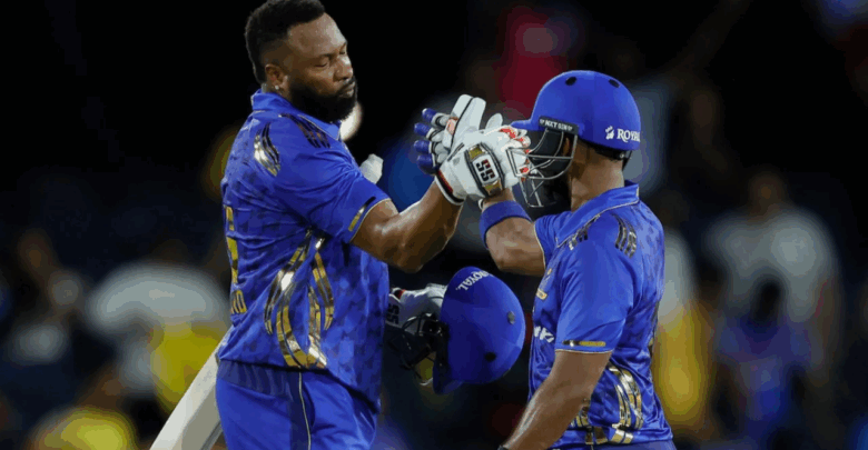 nicholas pooran and kieron pollard celebrate mi new york win in mlc 2024