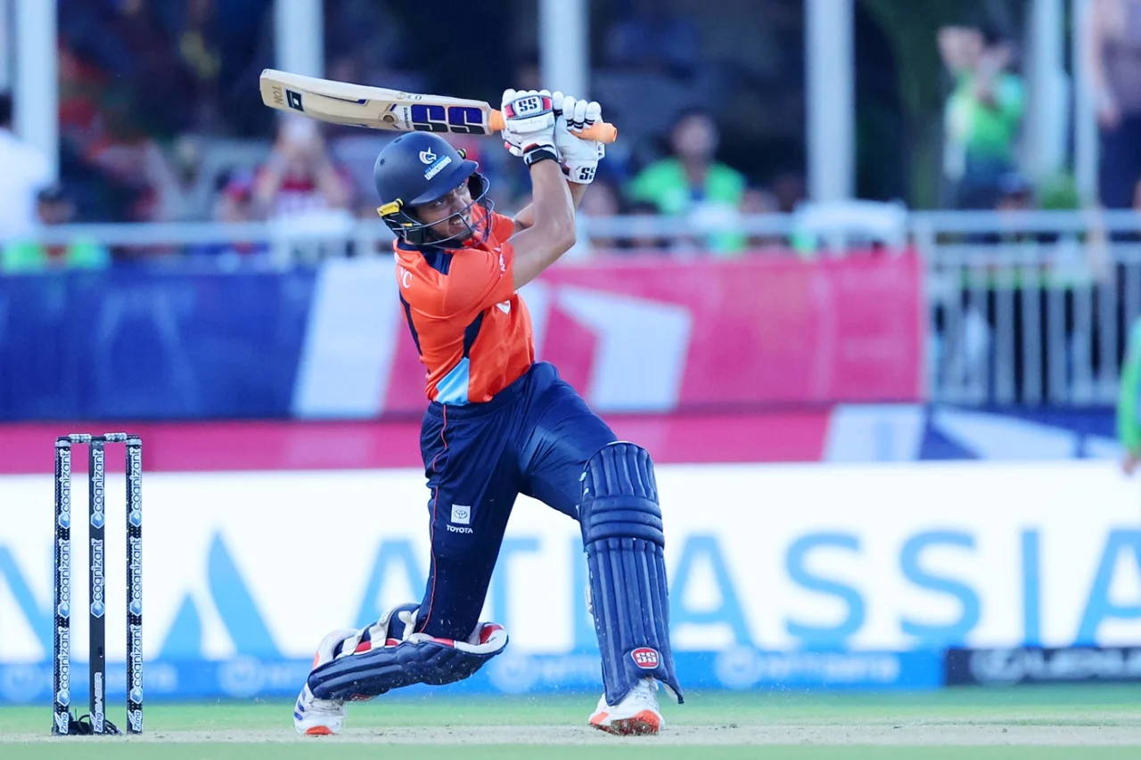 sanjay krishnamurthi plays a powerful shot during his innings against los angeles knight riders