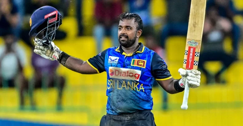 charith asalanka celebrates his century against bangladesh in the first odi in colombo