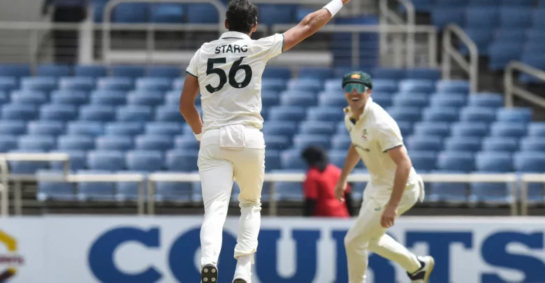 mitchell starc celebrates 400 test wickets during sabina park test vs west indies