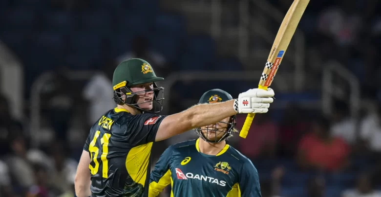 mitchell owen celebrates debut fifty against west indies in jamaica t20i