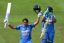 harmanpreet kaur celebrates her century in third odi against england