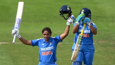 harmanpreet kaur celebrates her century in third odi against england