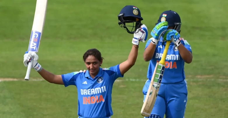 harmanpreet kaur celebrates her century in third odi against england