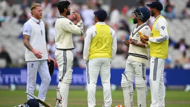 ravindra jadeja and washington sundar celebrate their century partnership on the final day of the manchester test against england