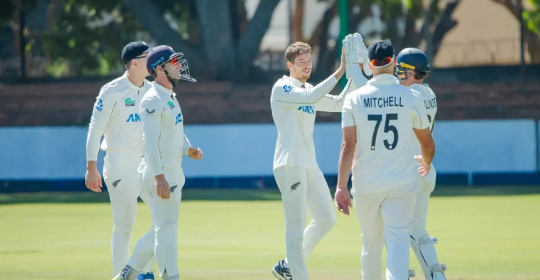 mitchell santner celebrates wicket during first test against zimbabwe in bulawayo
