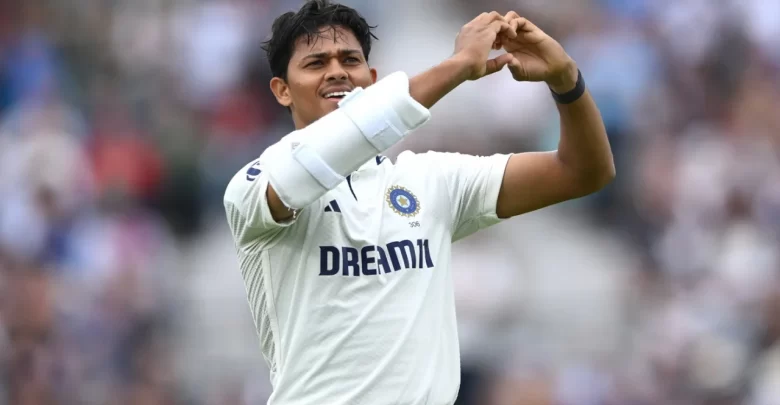 yashasvi jaiswal celebrates after scoring a test century against england at the oval