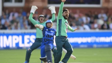 rashid khan celebrates after taking three wickets on his oval invincibles debut in the hundred