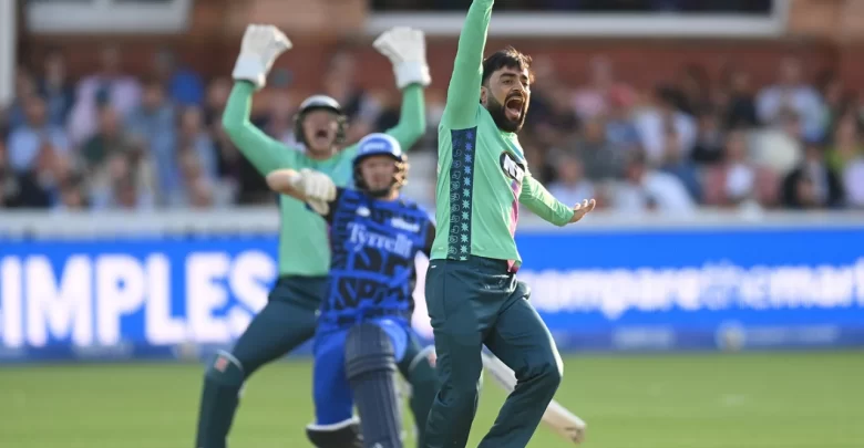 rashid khan celebrates after taking three wickets on his oval invincibles debut in the hundred